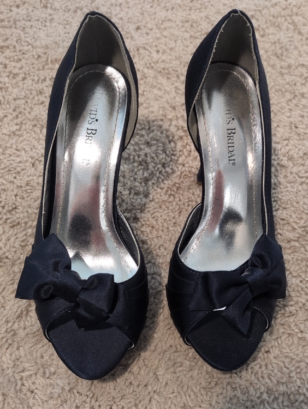 David's Bridal Navy Satin Peep-Toe Heels with Bow Accent